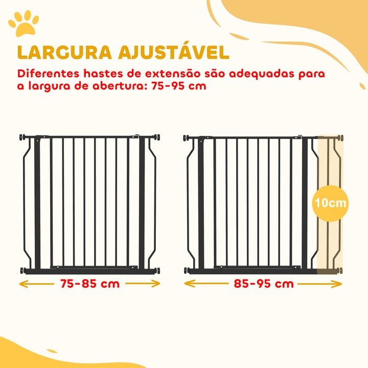 Barreira de Segurança para Cães Extensível para Escadas e Portas 75-95 cm com 1 Extensões e 10 cm Montagem a Pressão Aço Altura 76 cm Preto