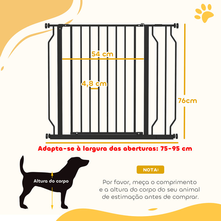 Barreira de Segurança para Cães Extensível para Escadas e Portas 75-95 cm com 1 Extensões e 10 cm Montagem a Pressão Aço Altura 76 cm Preto
