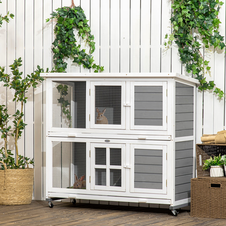 Coelheira de Madeira de 2 Níveis Gaiola para Coelhos com Rodas 2 Portas Teto Abatível e 2 Bandejas Amovíveis Coelheira para Interior e Exterior 119x50,5x109 cm Branco e Cinza