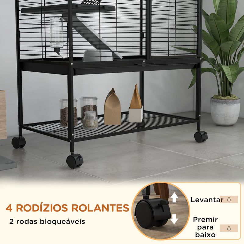 Gaiola para Animais Pequenos de 4 Níveis Parque para Animais com Rodas Rampa Comedouro Bebedouro e Bandeja Removível para Chinchilas Furões 78x45,5x136 cm Preto