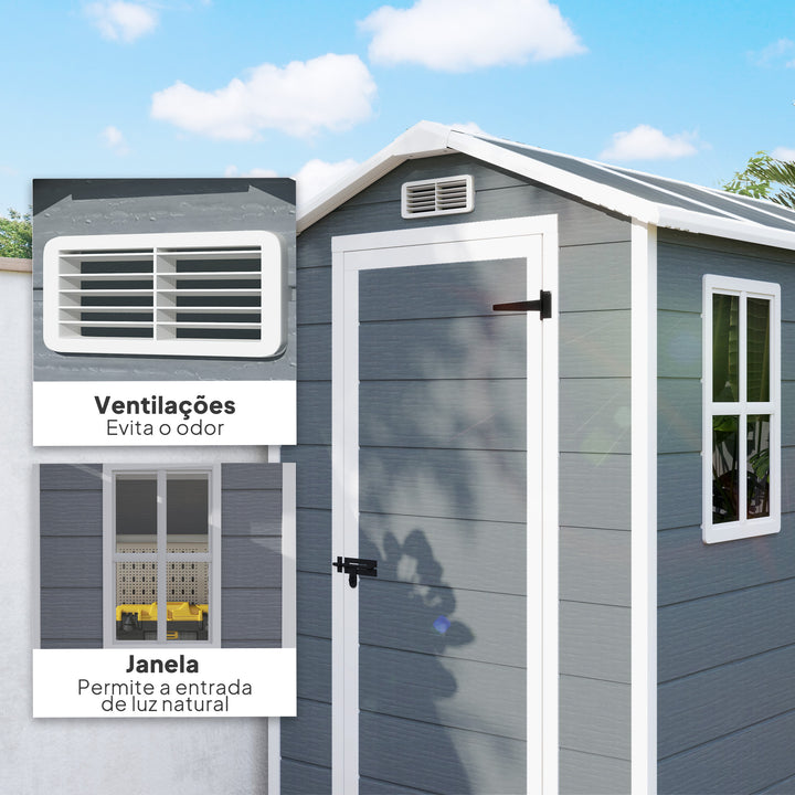 Abrigo de Jardim Exterior 2,1 m² 131x186x198 cm Abrigo de Jardim Exterior com Piso Janela Porta com Fechadura Ventilações para Armazenamento de Ferramentas Cinzento