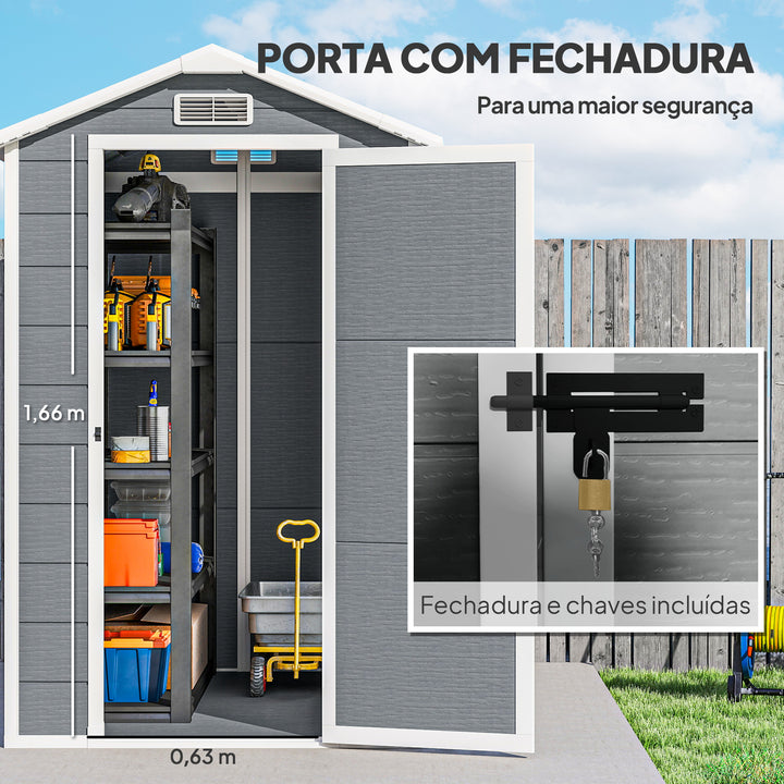 Abrigo de Jardim Exterior 2,1 m² 131x186x198 cm Abrigo de Jardim Exterior com Piso Janela Porta com Fechadura Ventilações para Armazenamento de Ferramentas Cinzento