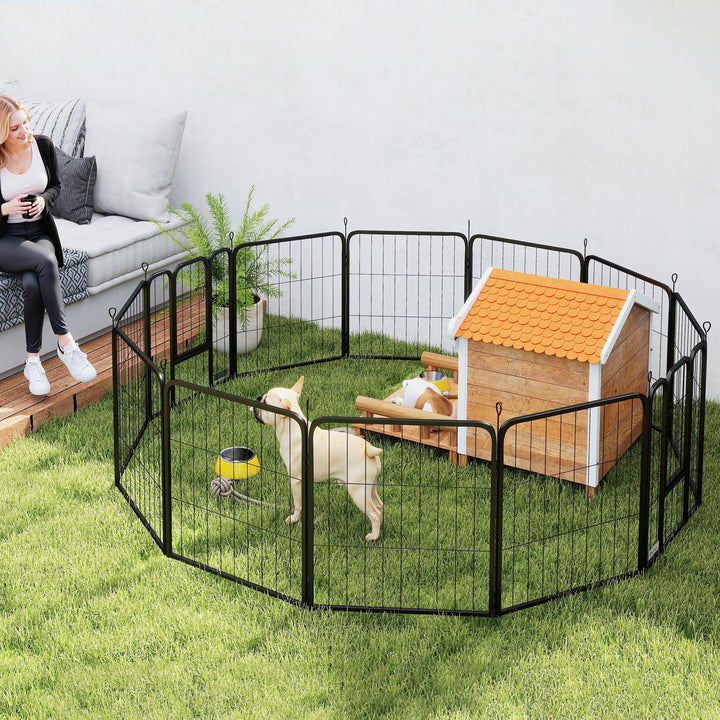 Parque para Cães de 12 Painéis 68x80 cm Parque Dobrável para Cães Médios com Portas Fecho e Estacas para Interior e Exterior Preto