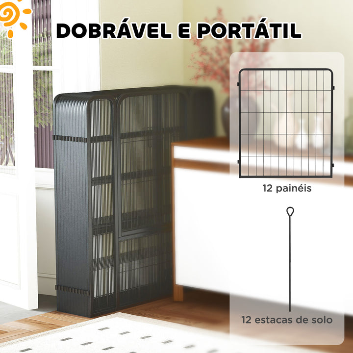 Parque para Cães de 12 Painéis 68x80 cm Parque Dobrável para Cães Médios com Portas Fecho e Estacas para Interior e Exterior Preto