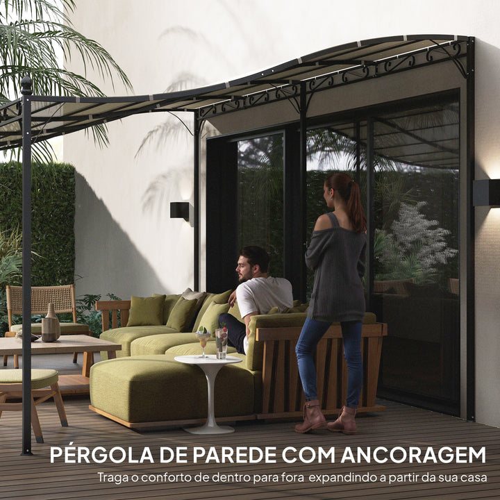 Pérgola de Parede de Jardim 3x6 m Pérgola de Jardim com Telhado Inclinado Orifícios de Drenagem e Estrutura Metálica Resistente às Intempéries para Pátio Terraço Varanda Creme