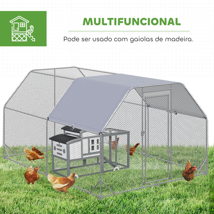Galinheiro Grande para Exterior, 2,8x3,8x1,95 m, Estrutura de Aço Galvanizado com 2 Compartimentos, Cobertura em Tecido Oxford Resistente aos Raios UV e Impermeável, Jaula para 10-12 Galinhas ou Coelhos, Prata
