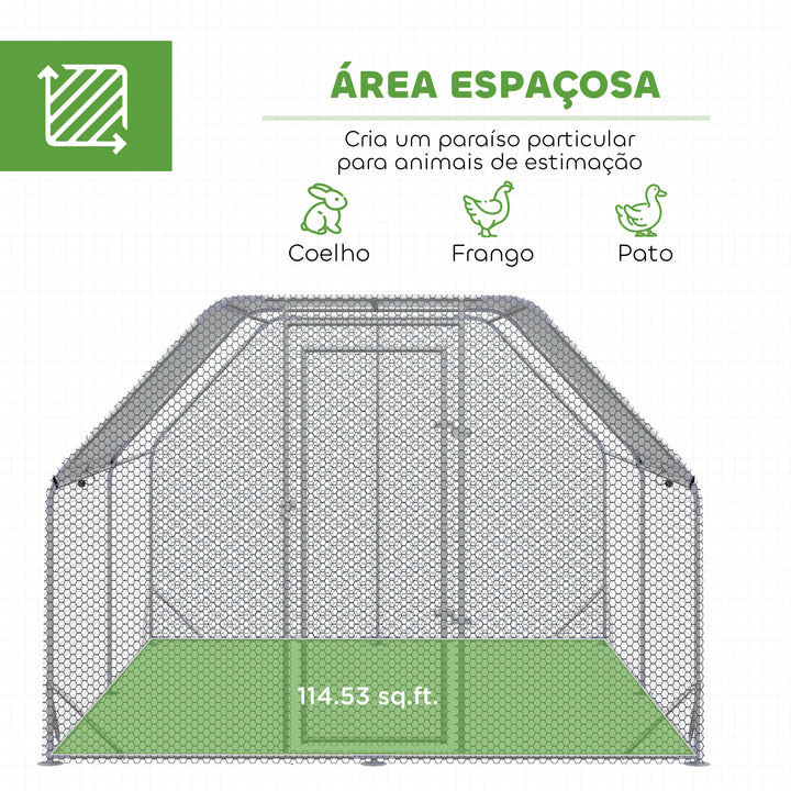Galinheiro Grande para Exterior, 2,8x3,8x1,95 m, Estrutura de Aço Galvanizado com 2 Compartimentos, Cobertura em Tecido Oxford Resistente aos Raios UV e Impermeável, Jaula para 10-12 Galinhas ou Coelhos, Prata