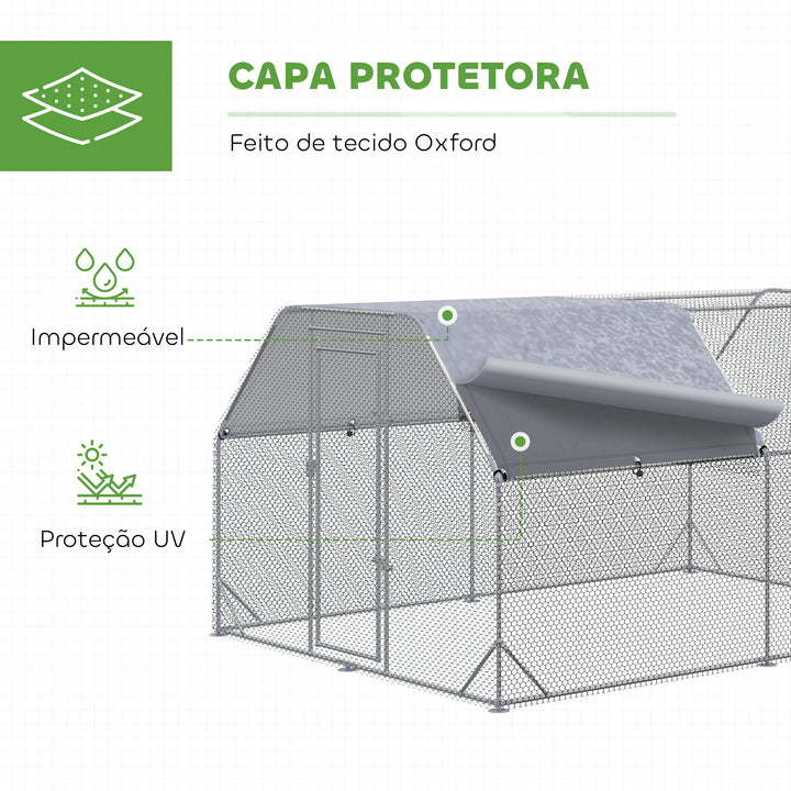 Galinheiro Grande para Exterior, 2,8x3,8x1,95 m, Estrutura de Aço Galvanizado com 2 Compartimentos, Cobertura em Tecido Oxford Resistente aos Raios UV e Impermeável, Jaula para 10-12 Galinhas ou Coelhos, Prata