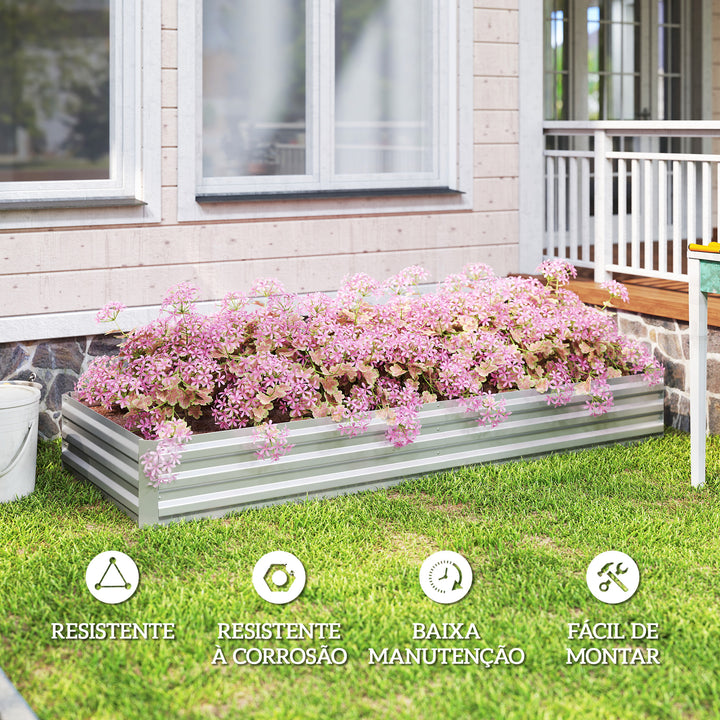 Floreira Exterior Grande Retangular em Aço Galvanizado Horta Urbana para Cultivo de Plantas Vaso de Grande Dimensão com Fundo Aberto, Resistente às Intempéries 241x90,5x30 cm Prata