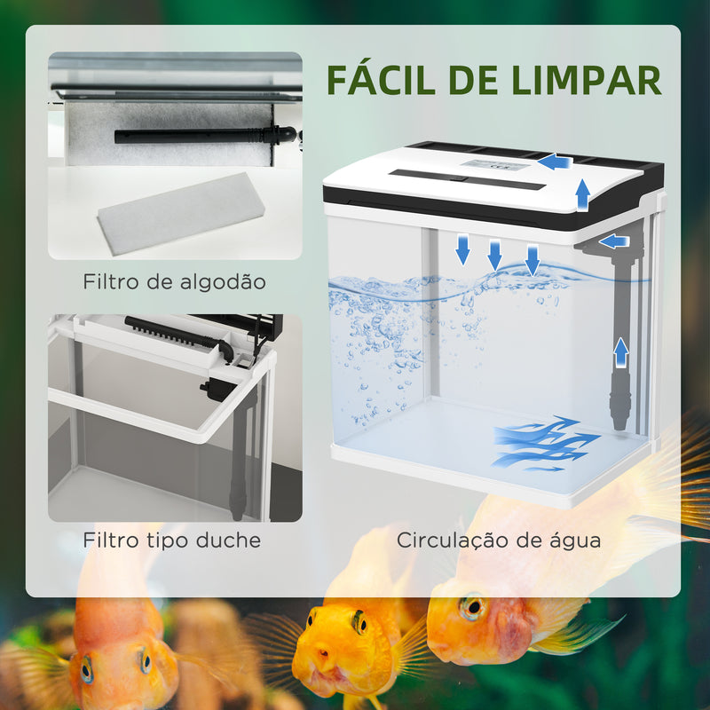 Aquário de Cristal de 13L Aquário Pequeno com Sistema de Filtração Iluminação LED e Bomba de Água 29x20x30,5 cm Branco