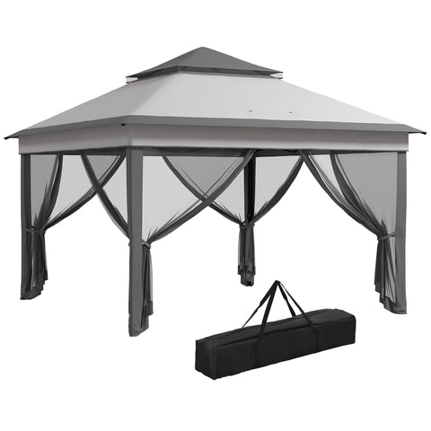 Tenda Dobrável 3,26x3,26x2,72 m Tenda de Jardim com Duplo Teto Altura Ajustável 4 Painéis de Malha Proteção UV30+ e Bolsa de Transporte para Festas Campismo Cinza