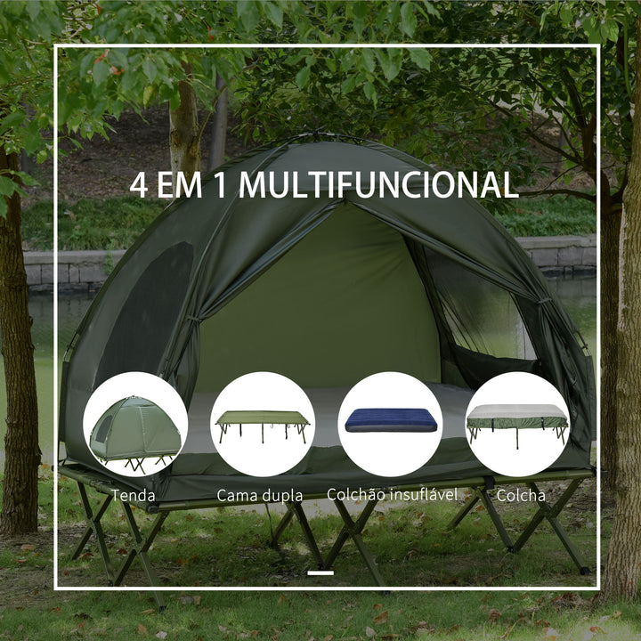Cama Dupla de Campismo Dobrável com Tenda 2 em 1 Cama de Campismo Elevada com Colchão Inflável e Bolsa de Transporte Tecido Oxford Aço 193x145x180cm Verde