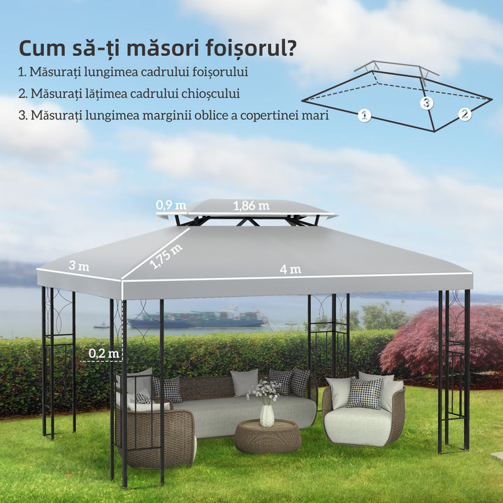Toldo de Substituição 4x3m para Pérgola de Jardim 2 Níveis Respirável com 10 Orifícios de Drenagem Cobertura de Substituição de Pérgola Exterior Cinza Claro