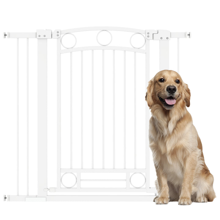 Barreira de Segurança para Cães Barreira de Segurança para Cães com Largura Ajustável 76-104 cm Barreira de Proteção com 2 Extensões para Escadas e Portas Branco