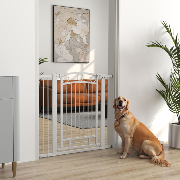 Barreira de Segurança para Cães Barreira de Segurança para Cães com Largura Ajustável 76-104 cm Barreira de Proteção com 2 Extensões para Escadas e Portas Branco