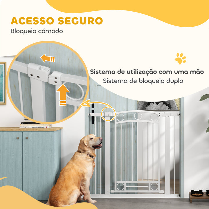 Barreira de Segurança para Cães Barreira de Segurança para Cães com Largura Ajustável 76-104 cm Barreira de Proteção com 2 Extensões para Escadas e Portas Branco