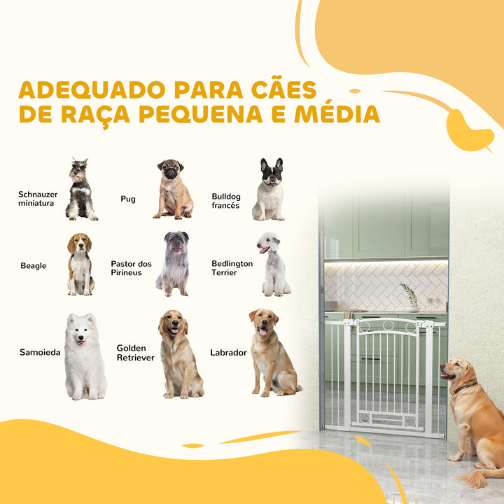Barreira de Segurança para Cães Barreira de Segurança para Cães com Largura Ajustável 76-104 cm Barreira de Proteção com 2 Extensões para Escadas e Portas Branco