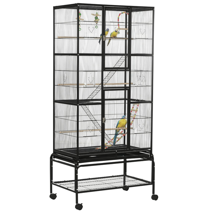 Gaiola para Pássaros com Rodas 83x53x180 cm Gaiola Metálica de 3 Níveis com 3 Poleiros Comedouros Brinquedos Rampas e Prateleira de Armazenamento para Canários Periquitos Preto