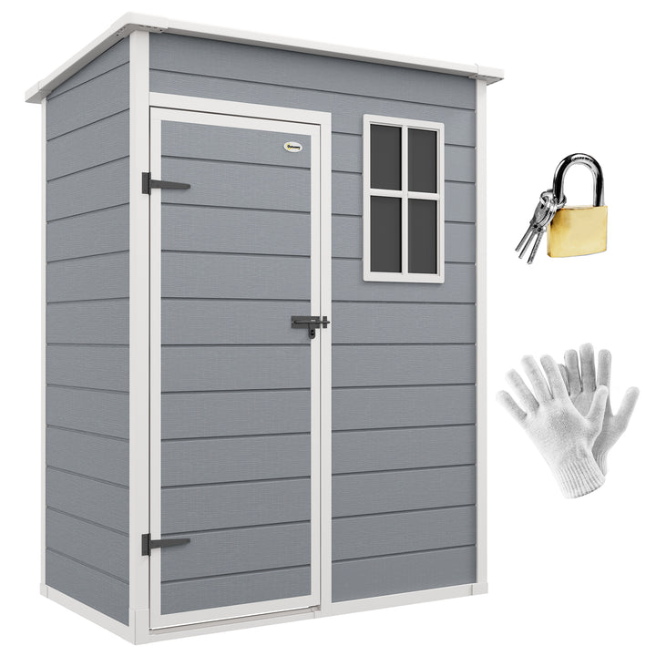 Abrigo de Jardim 1,14 m² 151x92x193 cm Abrigo de Exterior Metálico com Chão Porta de Correr Janela e Teto Inclinado para Armazenamento de Ferramentas Cinzento
