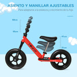 Bicicleta sem Pedais para Crianças acima de 3 Anos com Assento e Guiador Ajustáveis Bicicleta de Equilíbrio Infantil com Estrutura de Aço 89x37x55-60cm Vermelho