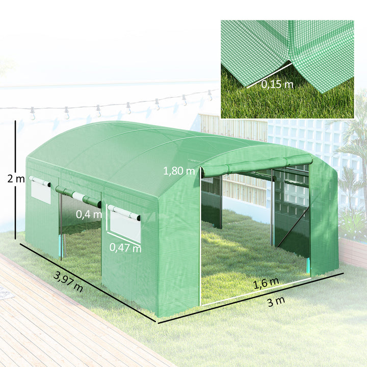 Estufa tipo Túnel 397x300x200 cm Estufa de Exterior com 4 Janelas de Malha Cobertura de PE Anti UV e 3 Portas Enroláveis com Fecho de Correr Estufa para Jardim Pátio Verde