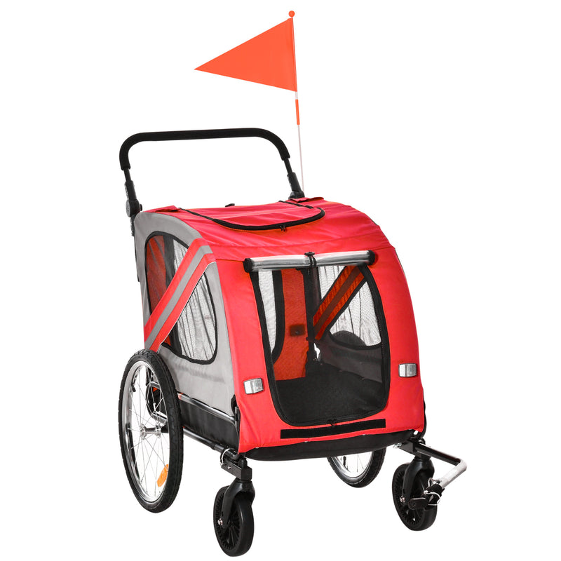 Reboque de Bicicleta para Cães 2 em 1 Transporte para Animais de Estimação com Porta Enrolável Janelas Cinto de Segurança Bandeira e 6 Refletores 140x72,5x108 cm Vermelho