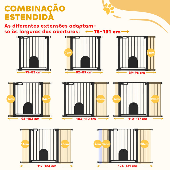 Barreira de Segurança de Cães Animais de Estimação para Escadas e Portas 75-131 cm com 3 Extensões Fechamento Automático e Sistema de Duplo Bloqueio Aço Preto