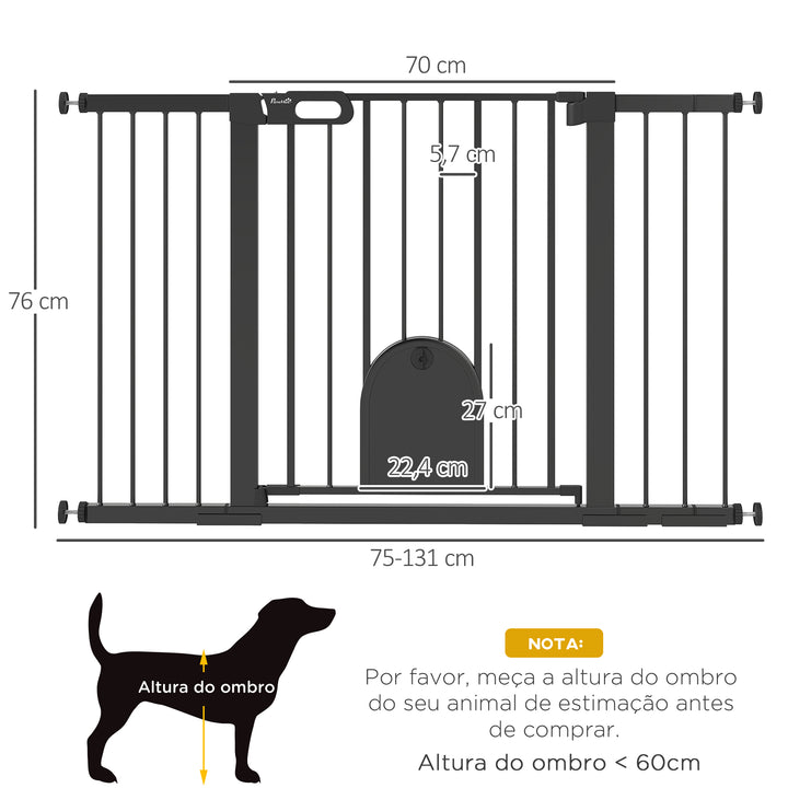 Barreira de Segurança de Cães Animais de Estimação para Escadas e Portas 75-131 cm com 3 Extensões Fechamento Automático e Sistema de Duplo Bloqueio Aço Preto