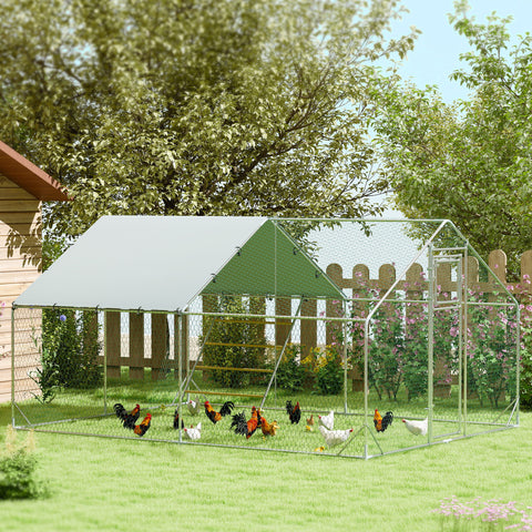 Galinheiro para Exterior 3x4 m Galinheiro de Aço Galvanizado com Comedouro Suspenso Tipo Espeto Poleiro Cobertura Anti-UV e Impermeável para Coelhos Patos Gansos Prata