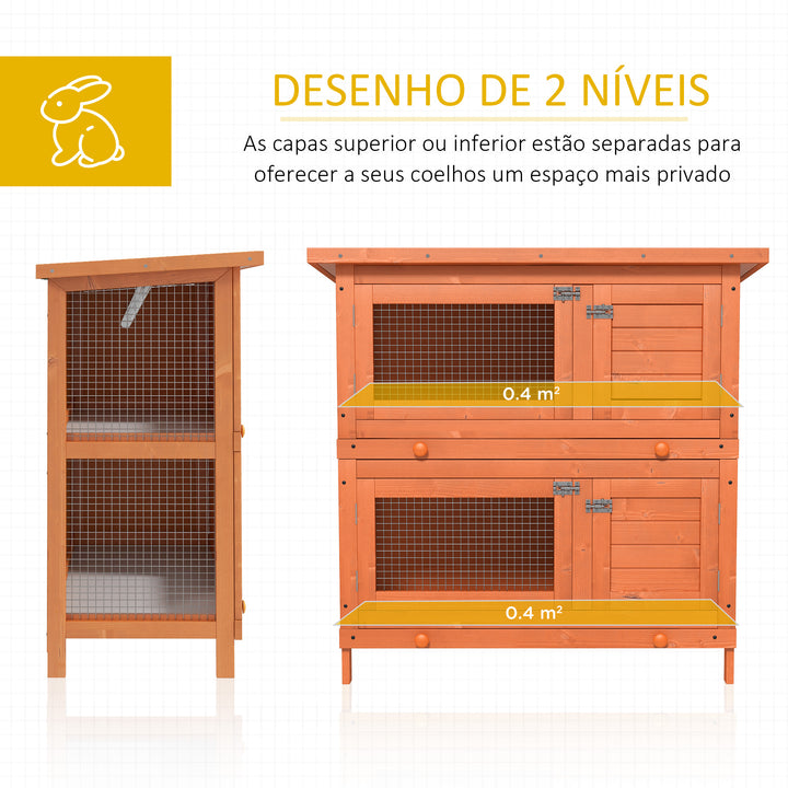 Coelheira de Madeira Exterior de 2 Níveis Gaiola para 1-2 Coelhos Animais Pequenos com Teto Asfáltico Dobrável e 2 Bandejas Removíveis 90x45x90cm Madeira
