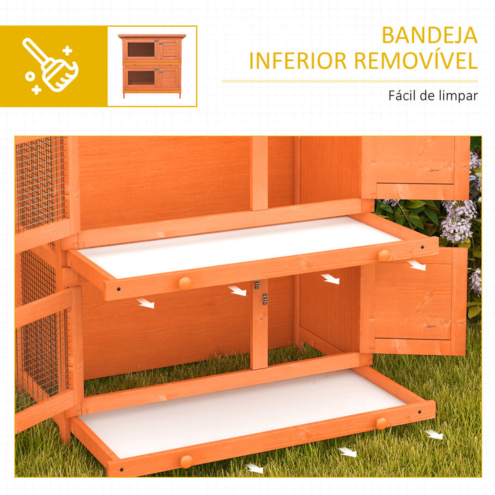 Coelheira de Madeira Exterior de 2 Níveis Gaiola para 1-2 Coelhos Animais Pequenos com Teto Asfáltico Dobrável e 2 Bandejas Removíveis 90x45x90cm Madeira