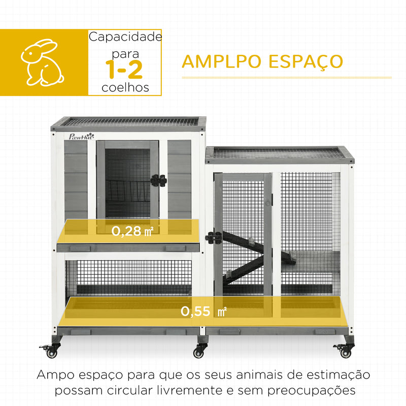 Coelheira de Madeira para Interior Gaiola para Coelhos e Animais Pequenos de 2 Níveis com 6 Rodas 2 Escadas 3 Bandejas Amovíveis e Área Aberta 110x50x86 cm Cinza