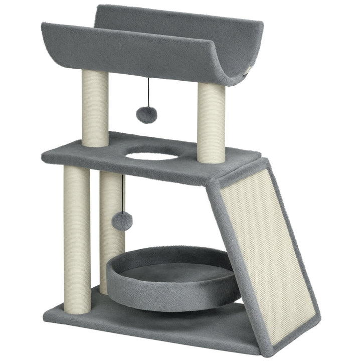 Arrador para Gatos Arranhador para Gatos Altura 76 cm com 4 Postes de Arranhar Cama Plataforma em U Almofada para Arranhar Bolas Suspensas Cinzento