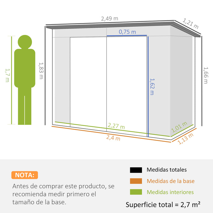 Abrigo de Jardim 2,7m² 249x121x183 cm Abrigo de Exterior com Porta Dupla 2 Ventilaç4oes e Trava Abrigo para Pátio Verde