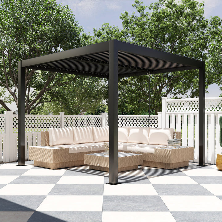 Pérgola de Alumínio 3x3 m Pérgola de Jardim com Teto de Lâminas Ajustáveis e Sistema de Drenagem Impermeável Anti-UV Pérgola para Pátio Terraço Varanda Cinza Escuro