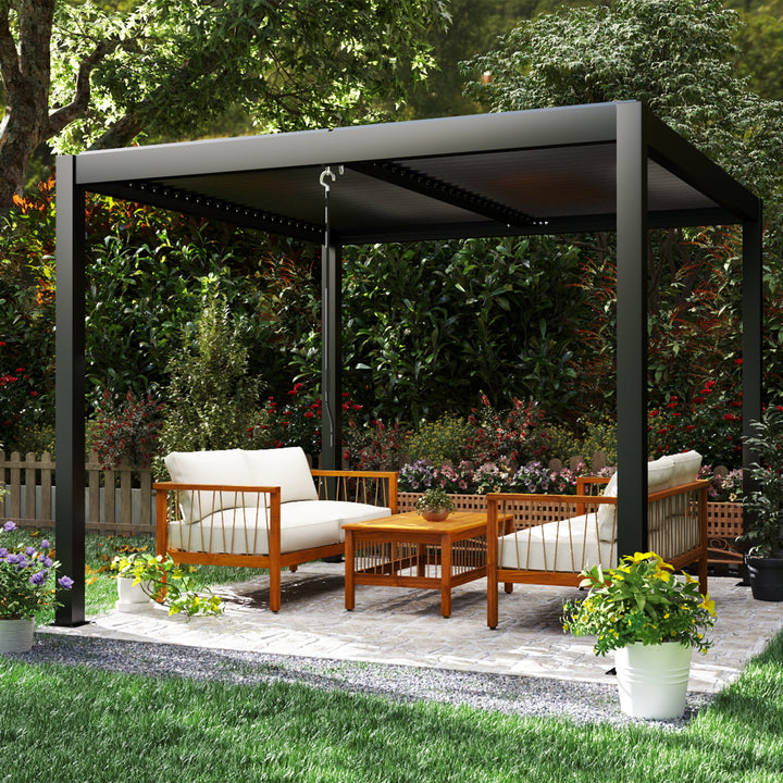 Pérgola de Alumínio 3x3 m Pérgola de Jardim com Teto de Lâminas Ajustáveis e Sistema de Drenagem Impermeável Anti-UV Pérgola para Pátio Terraço Varanda Cinza Escuro