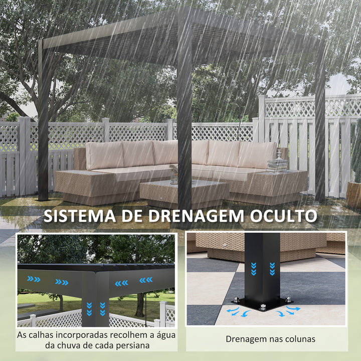 Pérgola de Alumínio 3x3 m Pérgola de Jardim com Teto de Lâminas Ajustáveis e Sistema de Drenagem Impermeável Anti-UV Pérgola para Pátio Terraço Varanda Cinza Escuro