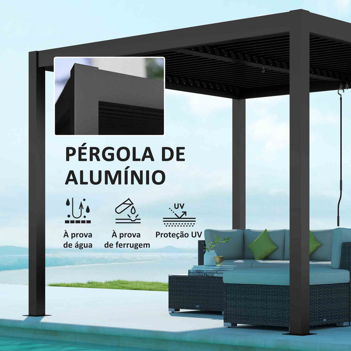 Pérgola de Alumínio 3x3 m Pérgola de Jardim com Teto de Lâminas Ajustáveis e Sistema de Drenagem Impermeável Anti-UV Pérgola para Pátio Terraço Varanda Cinza Escuro