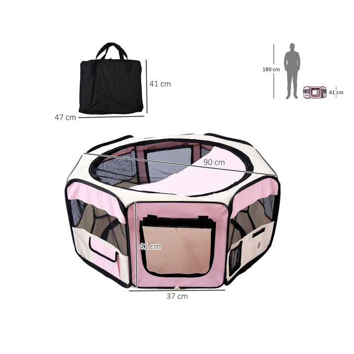 Parque Dobrável para Cães e Gatos Cercado Portátil para Animais Pequenos em Tecido Oxford Impermeável com 2 Portas para Exterior e Interior Ø90x41 cm Rosa