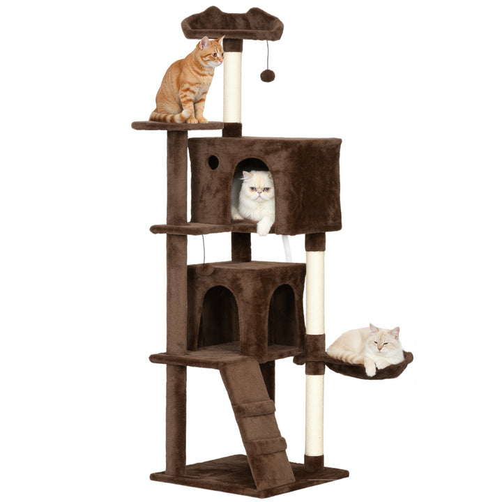 Arranhador para Gatos 160 cm Torre de Escalada com Múltiplas Plataformas Cama 2 Cavernas Rede Escada Postes de Sisal Bolas para Brincar Marrom
