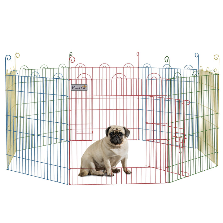 Parque Dobrável para Cães, 8 Painéis Ø156x60 cm Cercado Metálico para Cães e Coelhos Design Personalizável com Porta e Estacas Interior e Exterior Multicolor