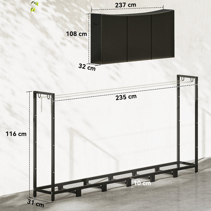 Suporte de Lenha Metálico 235x31x116 cm para Exterior com Capa Impermeável Oxford 600D Estrutura de Aço e Correntes de Aço Suporte para Lenha Armazenamento para Madeira Preto