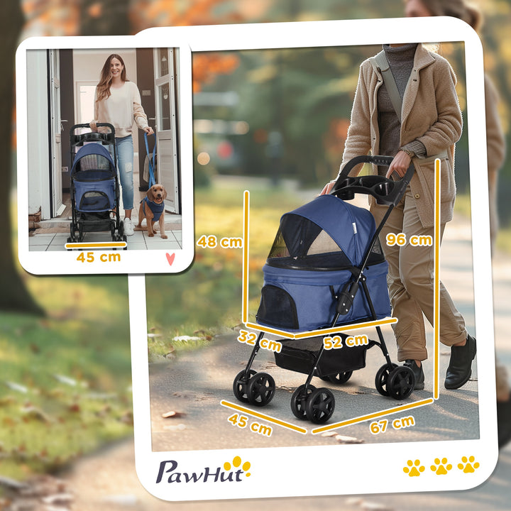 Carrinho para Cães Dobrável Carrinho para Cães Pequenos com Rodas Universáis Cesta de Armazenamento Correias de Segurança e Janelas 67x45x96 cm Azul Escuro