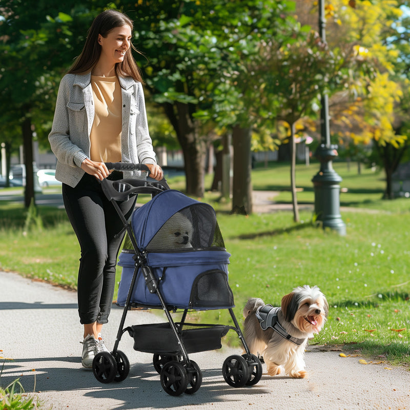 Carrinho para Cães Dobrável Carrinho para Cães Pequenos com Rodas Universáis Cesta de Armazenamento Correias de Segurança e Janelas 67x45x96 cm Azul Escuro