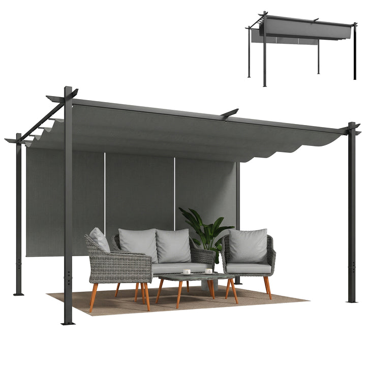 Pérgola com Teto Retrátil Pérgola de 390x293x220 cm Pérgola de Parede ou Independente com Lados Enroláveis Proteção UV30+ Pérgola para Jardim Patio Exterior Cinzento