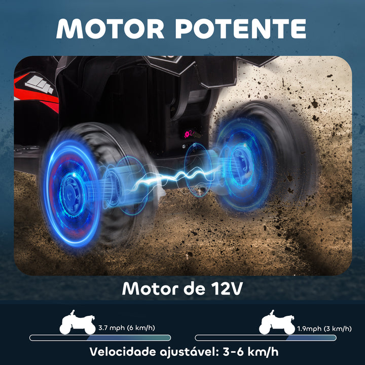Quadriciclo Elétrico para Crianças de 3-5 Anos Veículo Eléctrico a Bateria 12V com 2 Motores Farol Música Velocidade Ajustável Avançar e Retroceder 83x53x55,5cm Vermelho