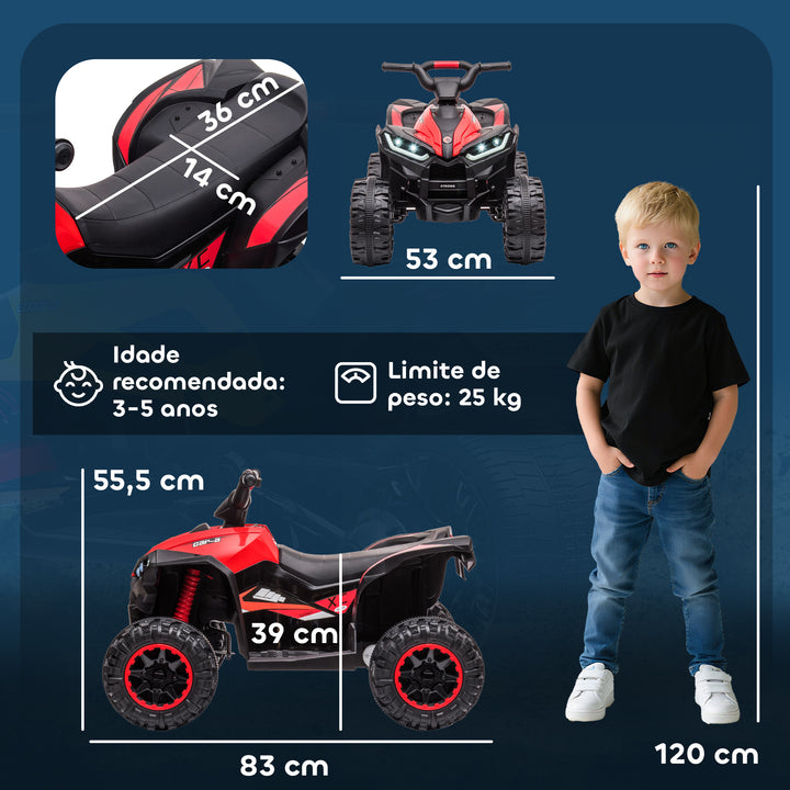 Quadriciclo Elétrico para Crianças de 3-5 Anos Veículo Eléctrico a Bateria 12V com 2 Motores Farol Música Velocidade Ajustável Avançar e Retroceder 83x53x55,5cm Vermelho