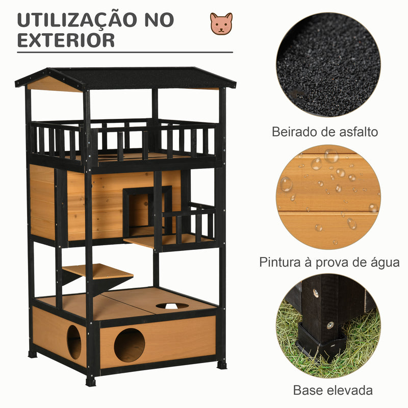 Casa para Gatos de Madeira 75,5x75x137 cm Abrigo para Gatos com Telhado Asfáltico Plataformas e Ninho para Interior e Exterior Natural