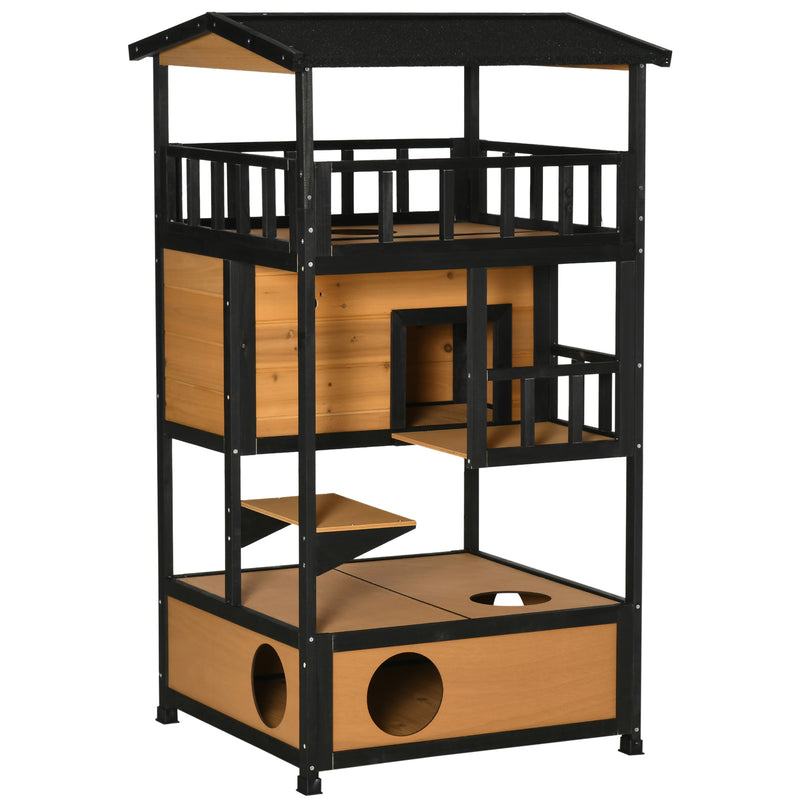 Casa para Gatos de Madeira 75,5x75x137 cm Abrigo para Gatos com Telhado Asfáltico Plataformas e Ninho para Interior e Exterior Natural