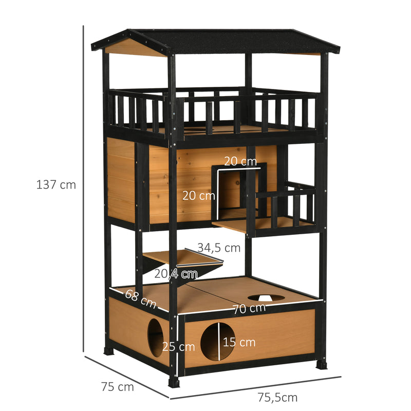 Casa para Gatos de Madeira 75,5x75x137 cm Abrigo para Gatos com Telhado Asfáltico Plataformas e Ninho para Interior e Exterior Natural